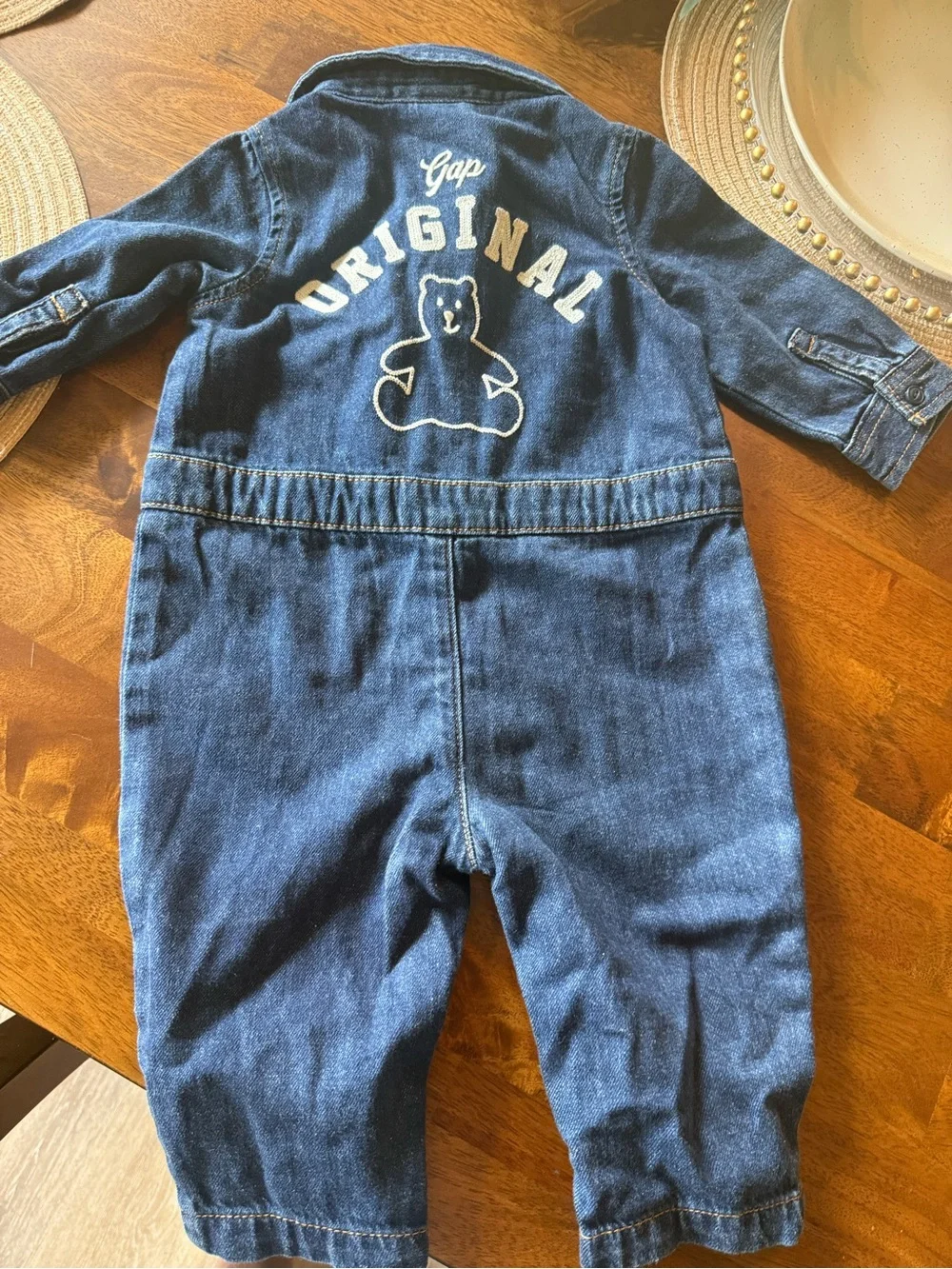 GAP Navy Denim Baby Romper with Bear Embroidery 6-12 month